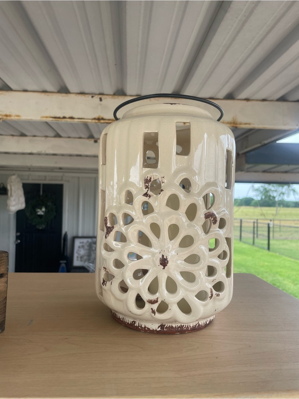Cream Ceramic Lantern with Distressed Finish - Home Accents